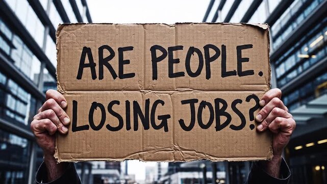 Concerned worker holding a sign asking about people losing jobs during a difficult corporate restructuring period