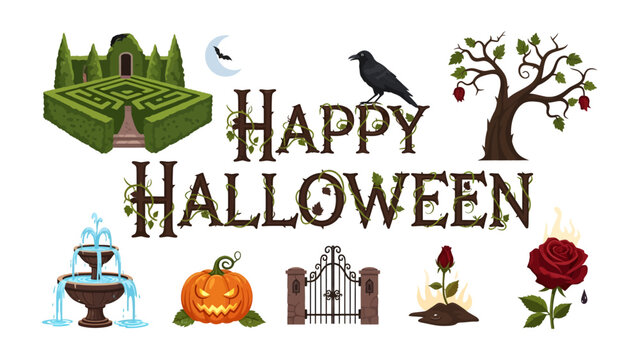 Happy Halloween Collection: A festive collage of Halloween-themed elements including a maze, a crow, a barren tree with apples, a fountain, a carved pumpkin, a gate, and a rose.