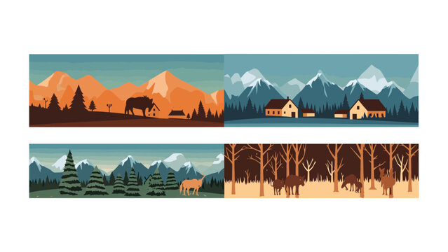 Four Seasons Landscape Collection: A quartet of stylized illustrations depicting diverse natural landscapes, showcasing mountains, forests, and rural settlements across various seasons.