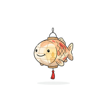 Cute Koi Fish Shaped Paper Lantern Mascot With Golden Scales Red Accents And Hanging Tassel Vector Illustration
