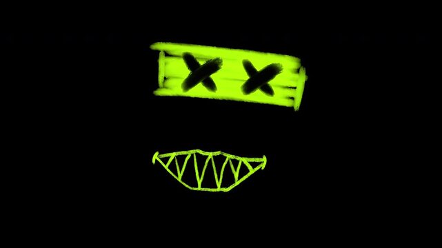 Neon green glowing face icon with cross eyes and sharp teeth on black background