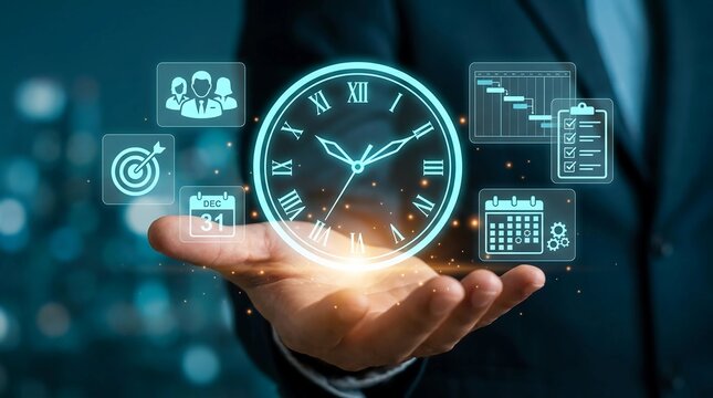 Businessperson holding holographic clock and calendar icons for effective time management and project planning