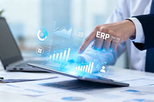 Businessman Interacting with ERP Data on Tablet