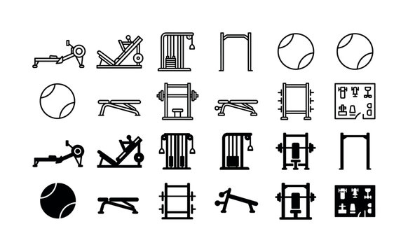 Gym equipment and fitness icon set featuring workout machines, barbells, rowing, strength training and bodybuilding