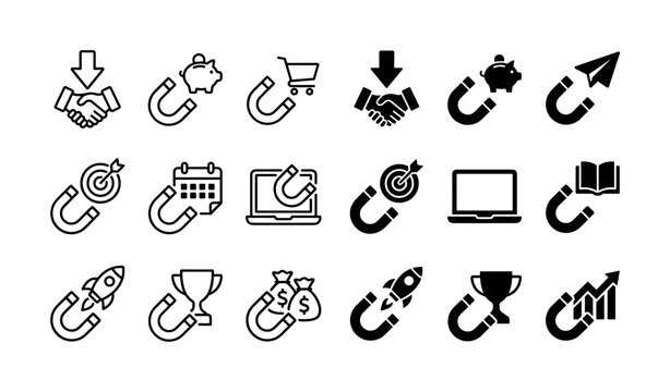 Lead generation and inbound marketing icon set featuring customer attraction, sales growth, conversions and partnerships