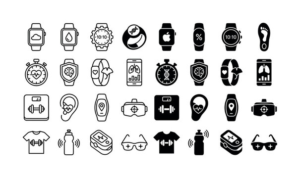 Wearable health technology icon set featuring smartwatches, fitness trackers, biometric sensors and activity monitoring