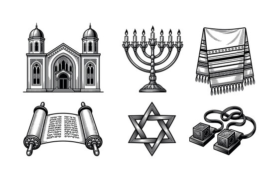 Jewish religious icon set featuring synagogue, menorah, tallit, Torah scrolls and traditional faith symbols