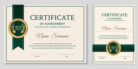 Naklejka premium Certificate template set. Elegant cream and green diplomas in landscape and portrait layouts with gold laurel seal. Modern vector frame for corporate business graduation appreciation.