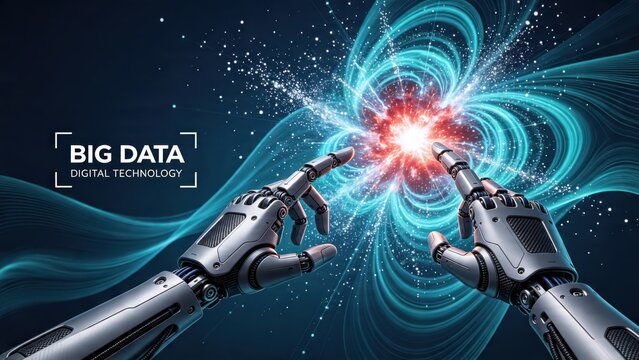 Robot hands touching big data energy sphere, digital technology and artificial intelligence concept, futuristic cybernetics, machine learning network connection