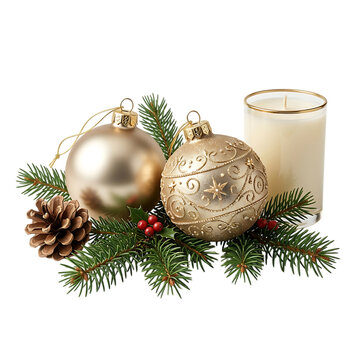 Golden christmas ornaments with candle pine cone and green fir branches for holiday decoration