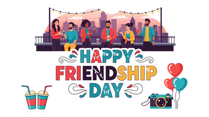 Fototapeta premium Happy Friendship Day Celebration: A vibrant illustration depicts a diverse group of friends enjoying a rooftop gathering under city lights, celebrating friendship with colorful decorations, drinks.