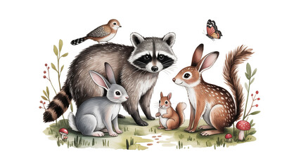 Obraz premium Watercolor illustration of cute forest animals including a raccoon, rabbit, squirrel, and bird with a butterfly and mushrooms on a grassy patch