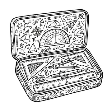 Geometric Math Tools in Open Pencil Case, Hand-Drawn Style