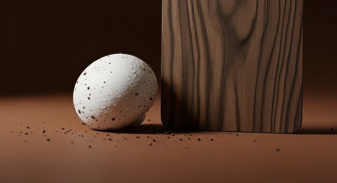 Ostrich egg beside wooden post outdoors.