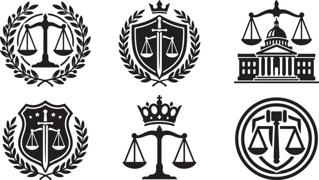Law, justice, scales, and court icons, black vector graphics, 6 emblems