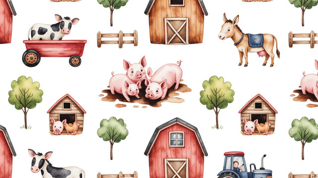 Cute farm animals watercolor seamless pattern with cows red barn houses pigs mud donkey tractor trees fence background