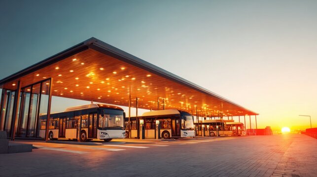 Modern electric bus terminal at sunrise, charging stations illuminated by warm morning light, clean architecture, sustainable transportation concept