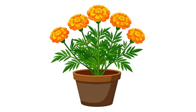Vibrant orange marigold flower plant in brown pot illustration