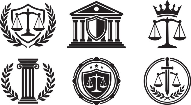 Law, justice, and royalty icons set, 6 black vector symbols