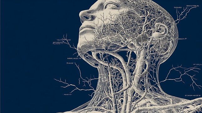Medical illustration of the human head and neck circulatory system.