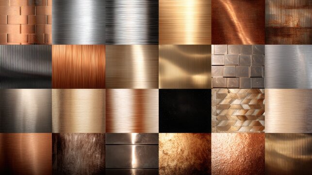 Organized grid of metallic materials including brushed aluminum polished steel copper brass titanium blackened metal and rose gold surfaces