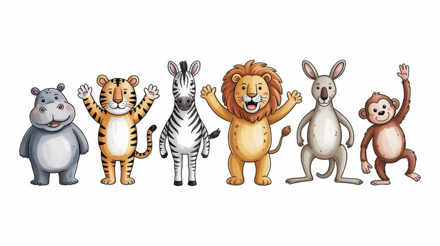 Cute cartoon wild animals hippo tiger zebra lion kangaroo and monkey standing in a row on a white background 