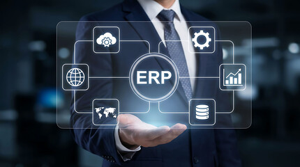 Obraz premium Businessman holding global ERP enterprise resource planning system virtual screen