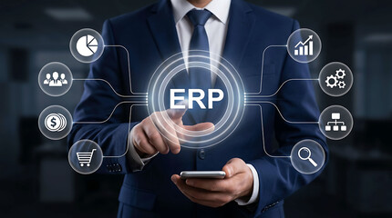 Fototapeta premium Businessman touching ERP enterprise resource planning system on virtual screen