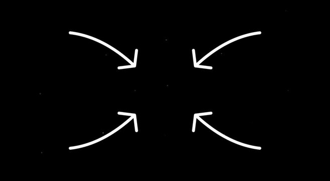 Hand-drawn white arrows pointing to center, animated doodle arrow elements on black background, minimalist sketch motion graphics for video editing