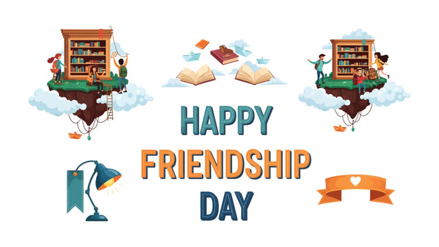 Happy Friendship Day Celebration: A whimsical illustration celebrating friendship with floating islands, bookshelves, open books, and children reading.