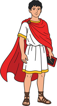 Ancient Roman man or citizen character vector illustration wearing traditional white tunic red toga cape and leather sandals