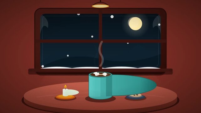 Hot cocoa with marshmallows on a table at night with snow falling outside