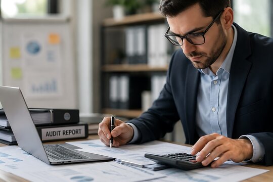 Professional Auditor Analyzing Company Sheets for Audit Report