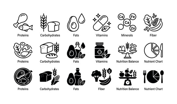 Nutrition and food icon set featuring proteins, carbohydrates, fats, vitamins and balanced diet charts