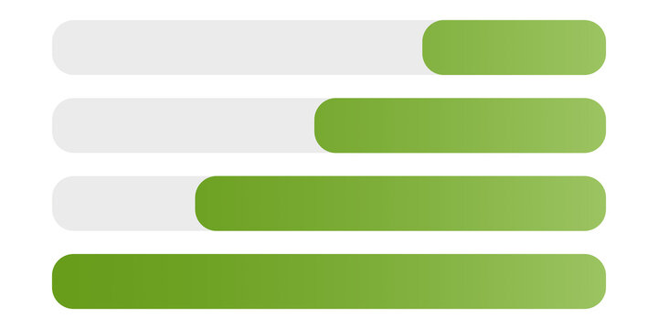 Minimalist infographic progress bars and loading indicator blocks set. Modern green and white horizontal rounded capsule elements for web UI UX design and business data presentation