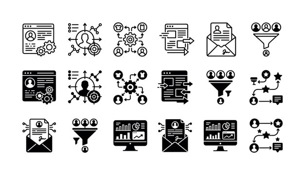 Customer relationship management icon set featuring marketing automation, sales funnels, recruitment and analytics dashboards