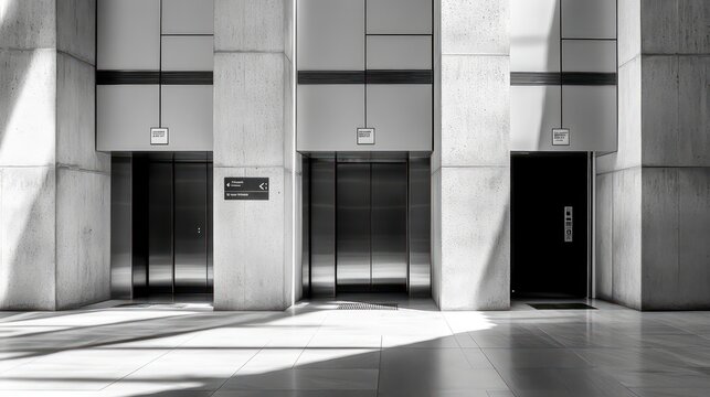 Modern building interior with three elevators and a door, sunlight casting shadows on the floor.