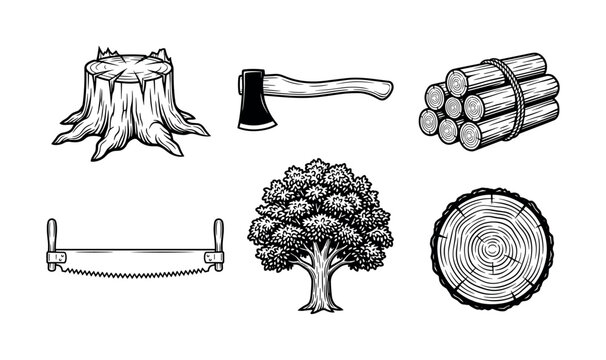 Lumberjack and forestry icon set featuring axes, firewood, trees, saws, logs, timber and vintage woodcut tools