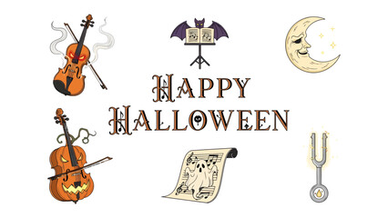 Halloween Music Theme: A whimsical collection of Halloween-themed musical elements, featuring spooky violins carved as pumpkins, a bat conductor, a spectral musical score. © AJM