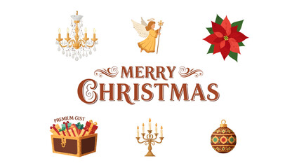 Naklejka premium Christmas Greeting Collection: A charming compilation of festive Christmas icons, including a chandelier, angel, poinsettia, treasure chest full of gifts, candelabra, and ornament.