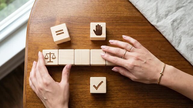 Woman's hands arrange wooden blocks with justice, rights, equality symbols on table