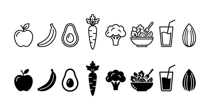 Healthy food icon set featuring banana, avocado, carrot, broccoli, salad, juice and almond nutrition symbols