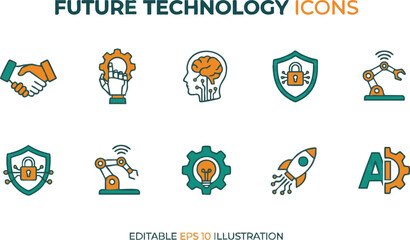 Fototapeta premium Future Technology Icon Set – Artificial Intelligence, Cybersecurity, Smart Automation, Robotics and Digital Innovation Flat Vector Icons