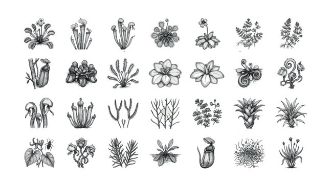 Carnivorous Plant Botanical Plants Flowers Sets Packs, Editable Vectors Strokes Illustrations. containing botanical, illustration, vintage, carnivorous, plants, nature and mores Plants Flowers.