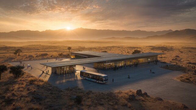 Remote modern bus terminal surrounded by desert landscape, dramatic sunset colors filling the sky, long shadows and warm atmosphere, travel adventure