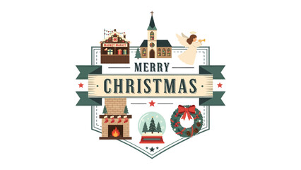 Naklejka premium Merry Christmas Emblem: A charming festive emblem encapsulates the spirit of Christmas, featuring a cozy fireplace, a snow-covered village scene inside a snow globe, a twinkling Christmas tree.
