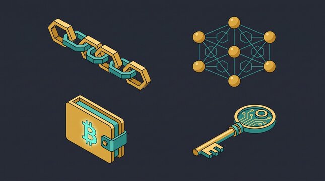 Set of isometric vector icons representing blockchain technology, cryptocurrency wallet, and secure digital keys