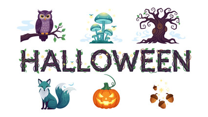 Fototapeta premium Halloween Set: A collection of whimsical Halloween-themed illustrations, featuring an owl, mushrooms, a spooky tree, a fox, a carved pumpkin, acorns.