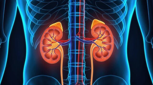 3D Medical Animation of Human Kidney Anatomy with Adrenal Glands, Urinary System, Aorta and Transparent X-Ray Body Effect on Dark Background