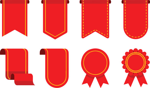 Red ribbons and award badges set for sales promotion or retail marketing campaigns isolated on transparent background flat style.